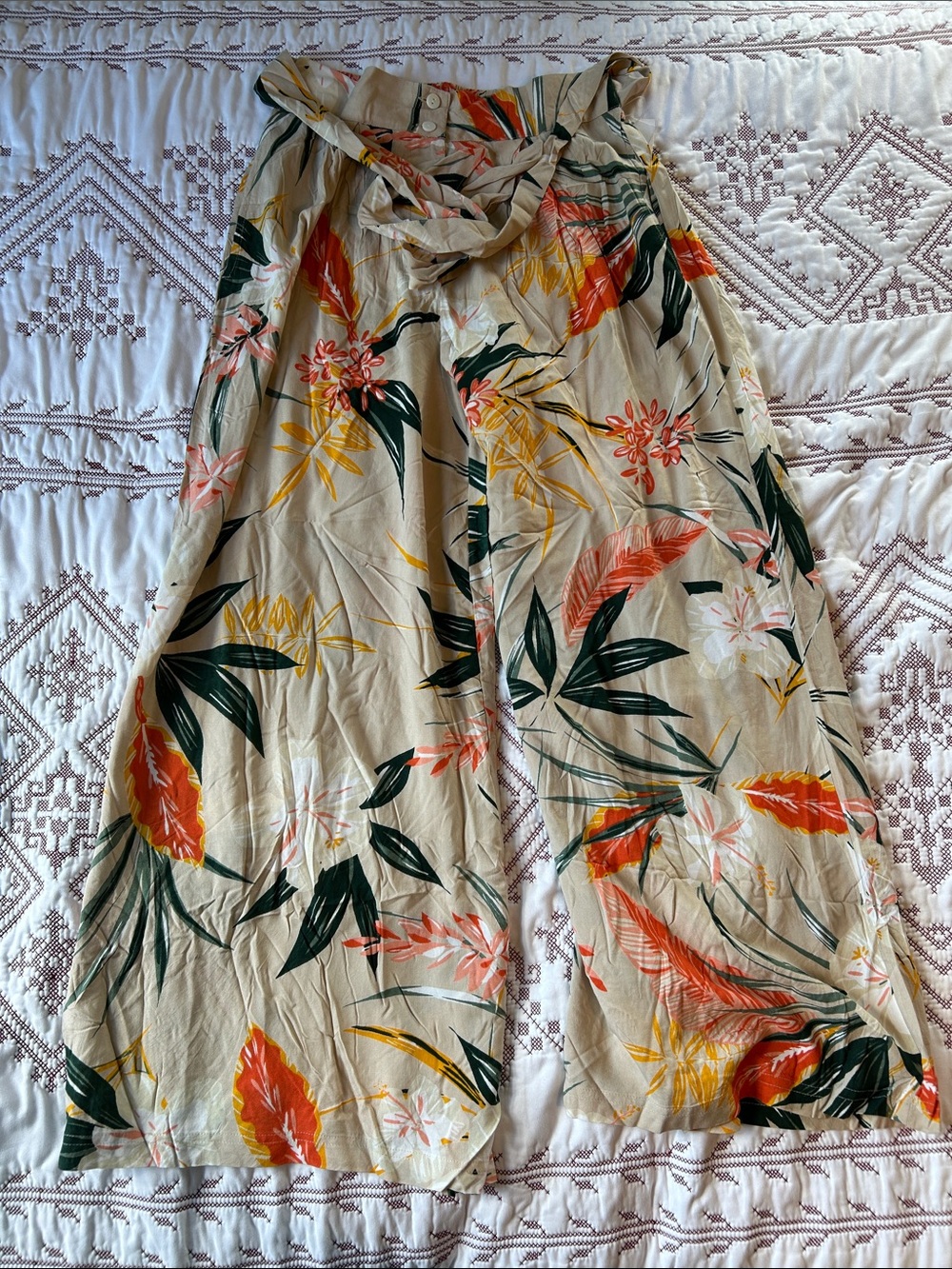 Patrons of Peace Sand Tropical Print Pants with Green & Coral Accents